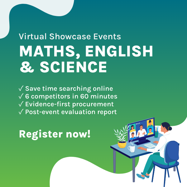 Promotional banner - EdTech Impact virtual showcase events for Maths, Science, and English